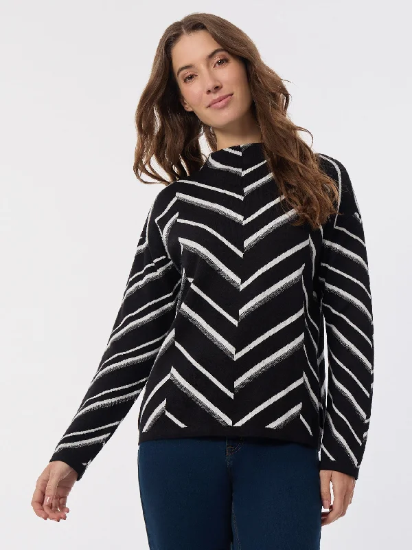 Mock Neck Chevron Jacquard Sweater Fitted Slim Tailored