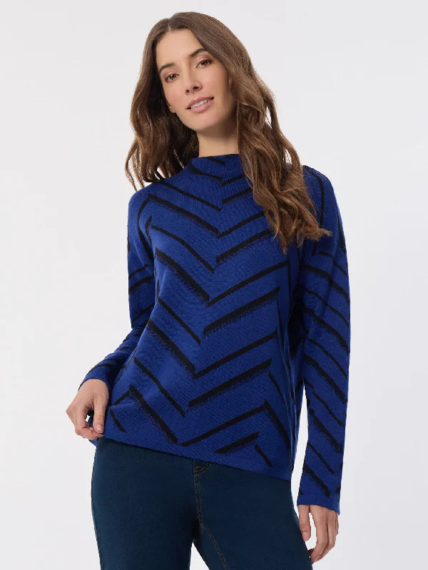 Mock Neck Chevron Jacquard Sweater Welt Pockets Slit Pockets Flap Pockets