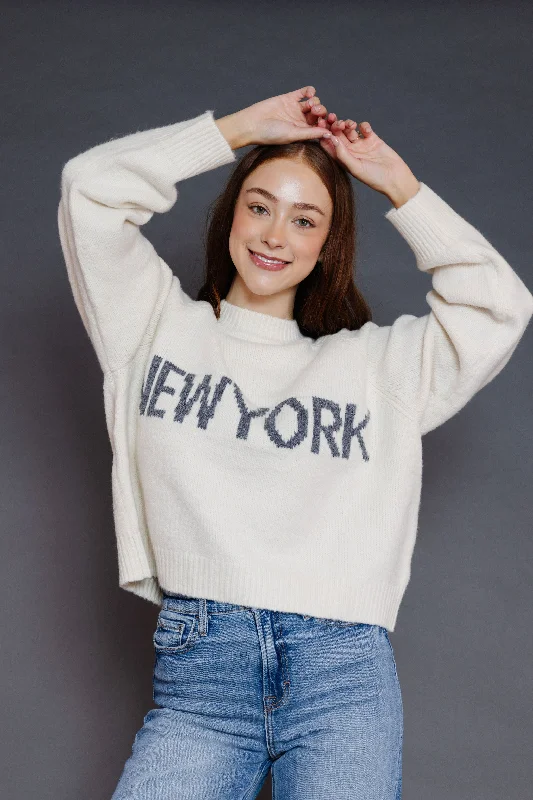 New York Letter Front Sweater in Cream Chenille Fabric Brocade Fabric Lace Fabric