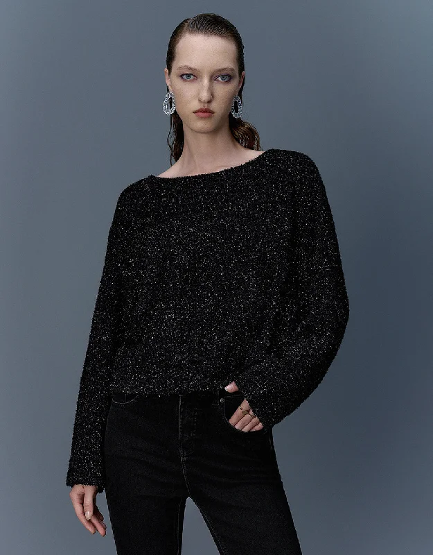 Off-Shoulder Straight Loose Sweater Chenille Brocade Lace