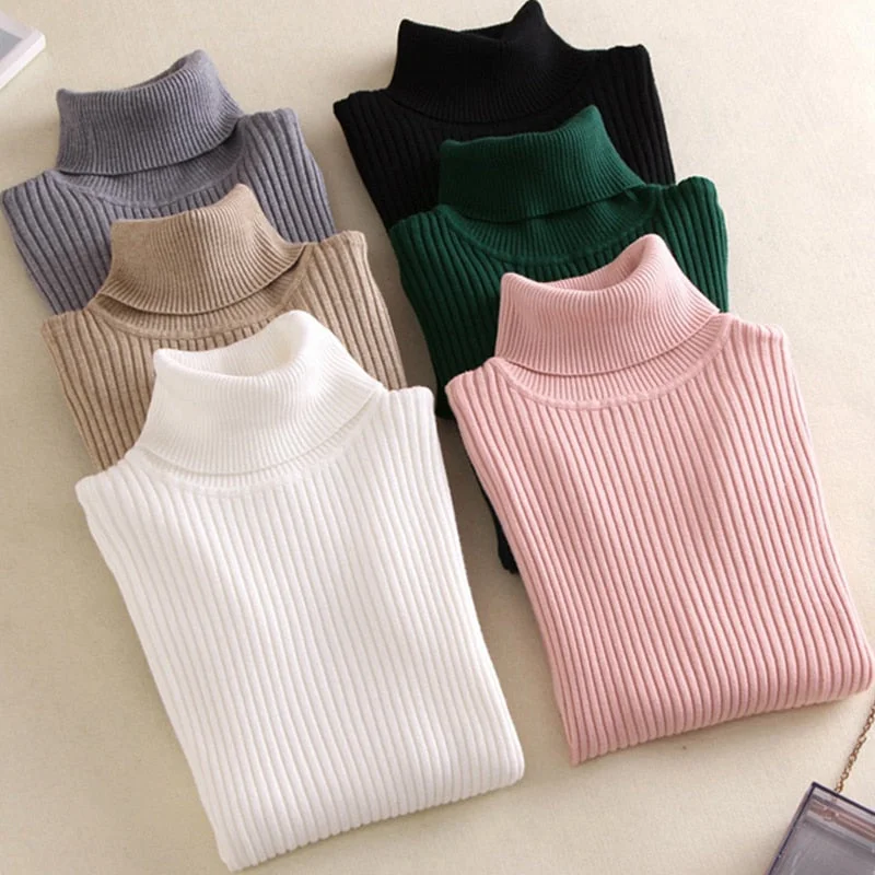 On sale 2019 autumn winter Women Knitted Turtleneck Sweater VEST Soft polo-neck Jumper Fashion Slim Femme Elasticity Pullovers Toggled Drawstring Belted