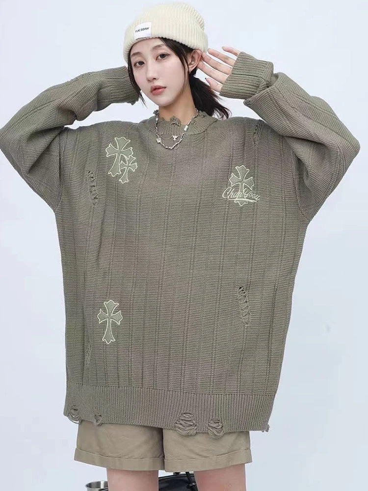 Oversized Autumn Embroidery Casual Loose Knitted High Street Hip-hop Y2K Sweater Chenille Fabric Brocade Fabric Lace Fabric