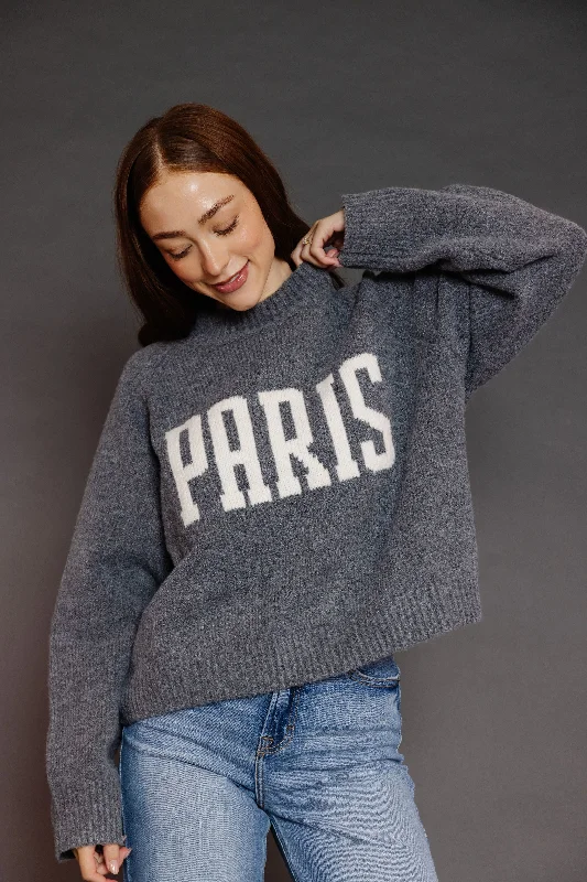 Paris Letter Front Sweater in Gray Nylon Fabric Polyester Fabric Spandex Fabric