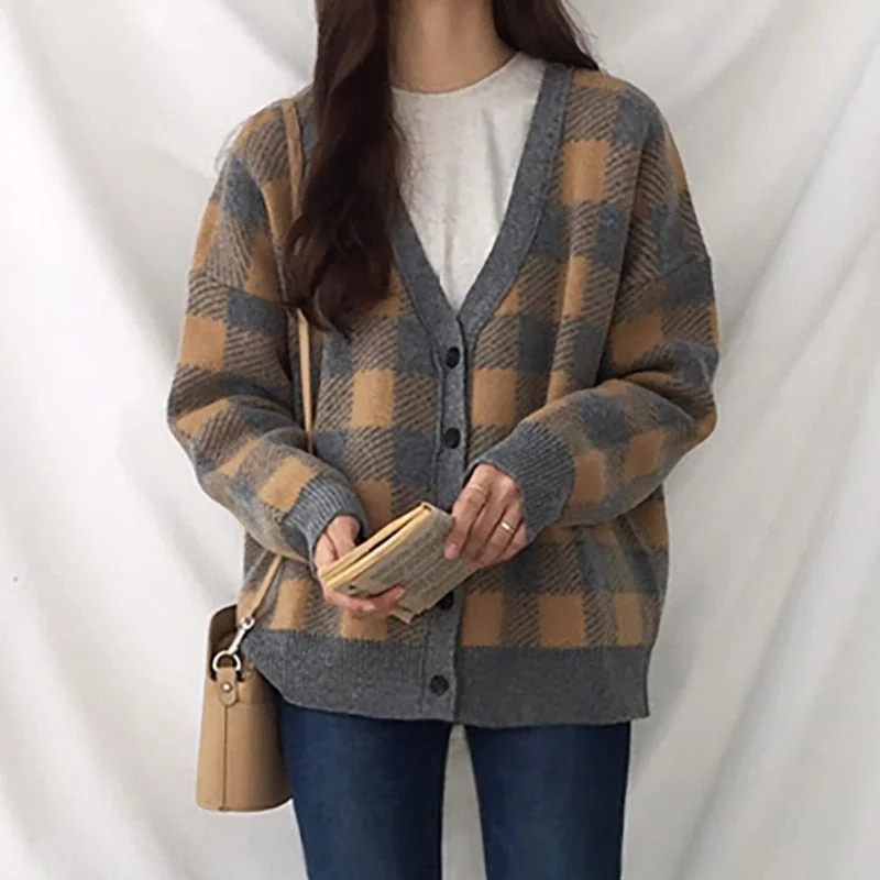 Plaid Printed Cardigan Women Knitted Sweater Lace Blend Ribbed Blend Corduroy Blend