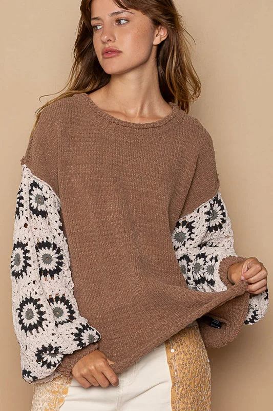 Granny Square Sleeve Sweater by POL - Choco Tailored Straight A-Line