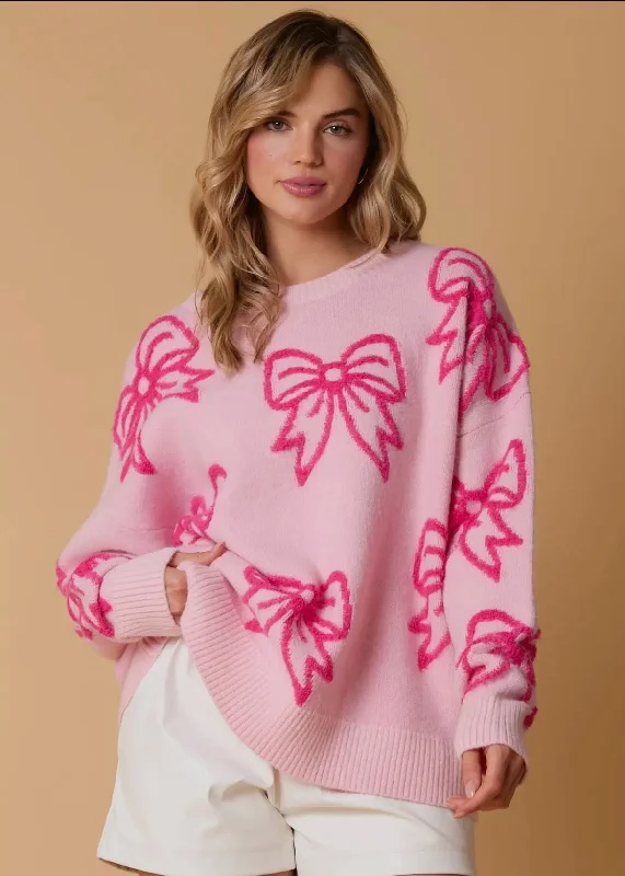 Pretty In Pink Bows Sweater Graphic Sweater Embroidered Appliqued