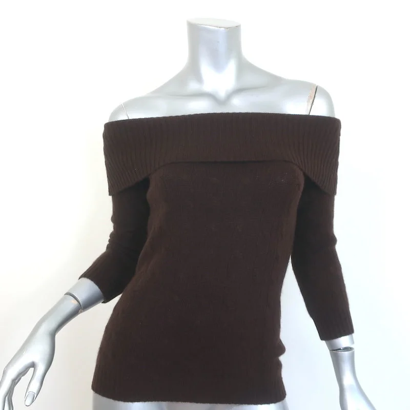 Ralph Lauren Cashmere Cable Knit Off the Shoulder Sweater Dark Brown Size Medium Ribbed Striped Patterned