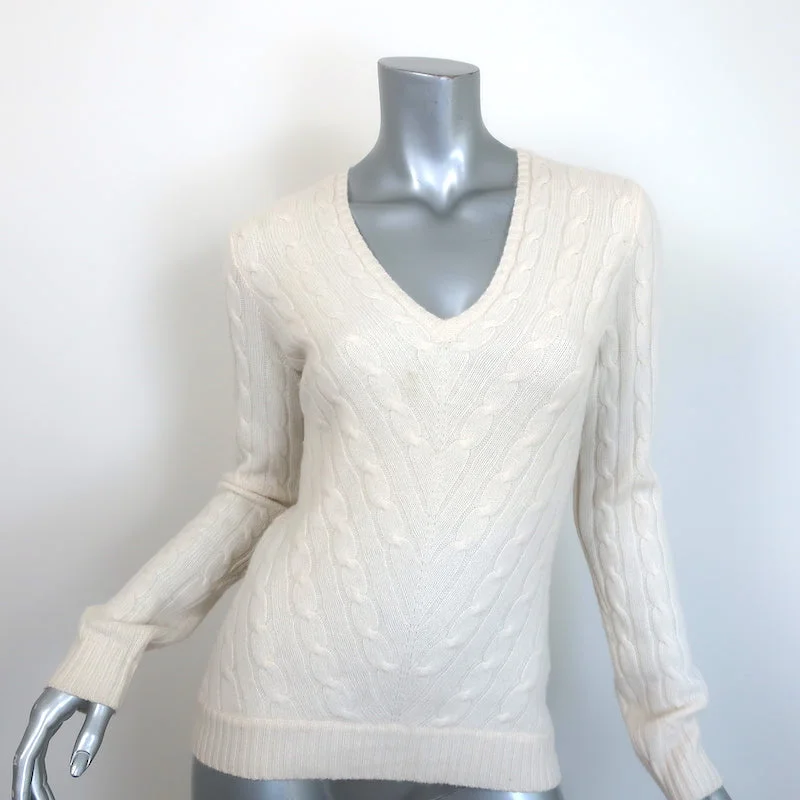 Ralph Lauren Slim Fit Cashmere Cable Knit V-Neck Sweater Cream Size Medium Fleece Sweater Nylon Polyester