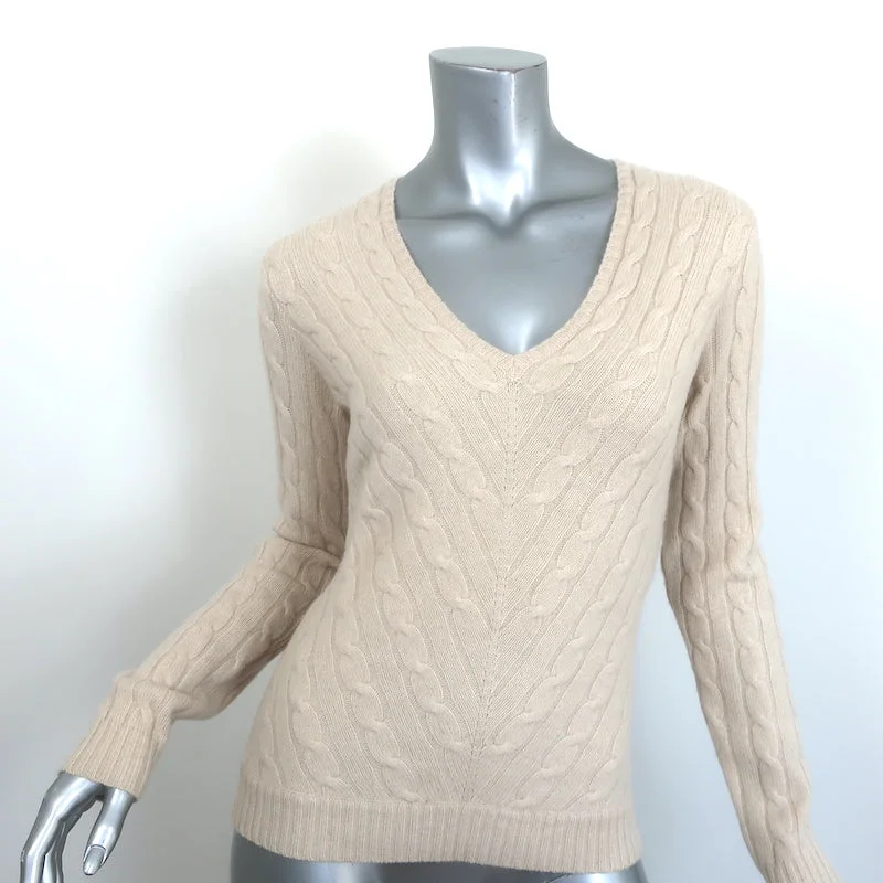 Ralph Lauren Slim Fit Cashmere Cable Knit V-Neck Sweater Light Beige Size Medium Welt Pockets Slit Pockets Flap Pockets