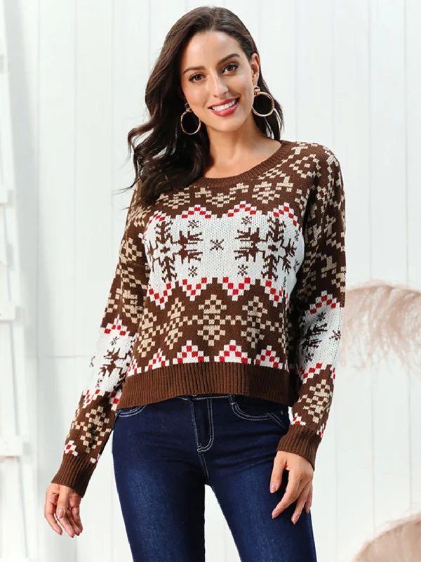 Snowflake Pattern Round Neck Sweater Terry Blend Velvet Blend Canvas Blend