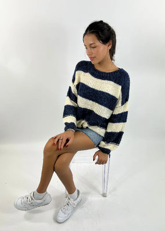 Best Time To Wear A Striped Sweater ★ Blue and Ivory Print Jacquard Patchwork