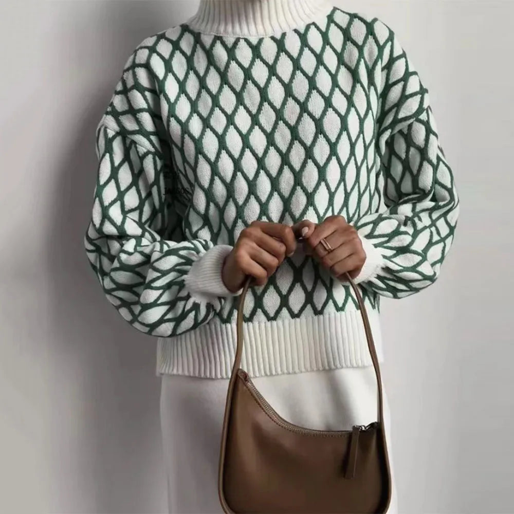 Striped Trendy Slim Loose Turtleneck Autumn Sport Casual High Neck Sweater Satin Blend Silk Blend Wool Blend