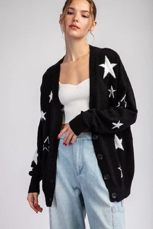 EESOME Star Pattern Sweater Cardigan Print Jacquard Patchwork