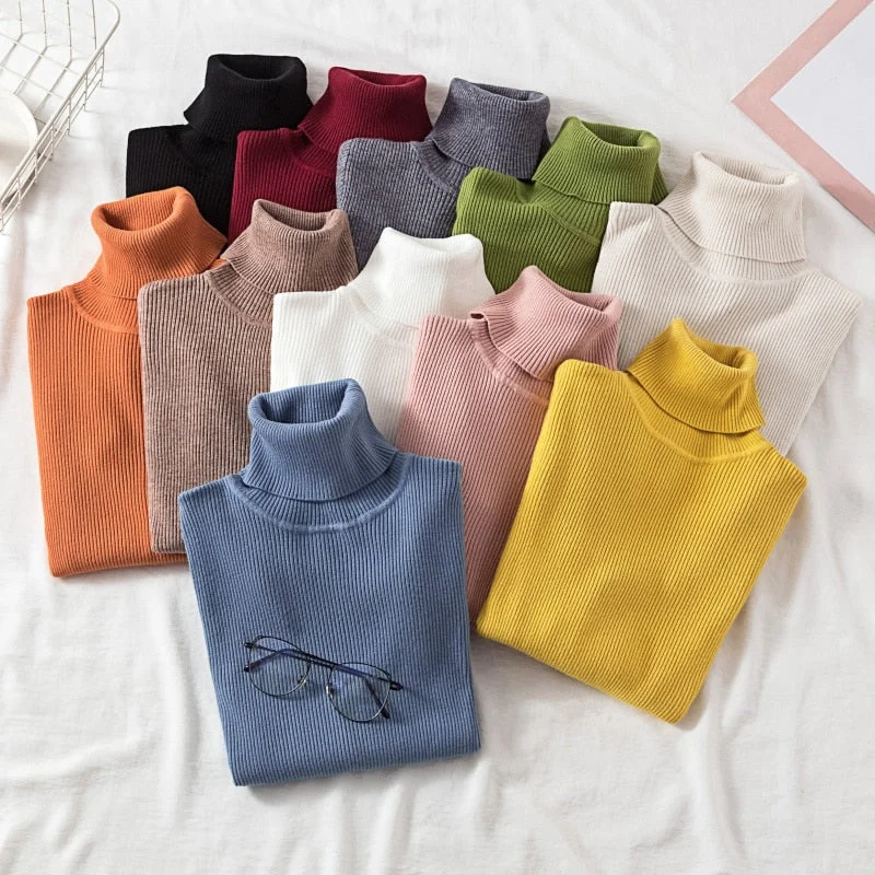 Turtleneck Solid Pullovers Women Sweaters Winter Vintage Lady's Knitted Sweaters Female Korean Long Sleeve Kawaii Casual Jumper Turtle Neck Boat Neck Asymmetrical Neck