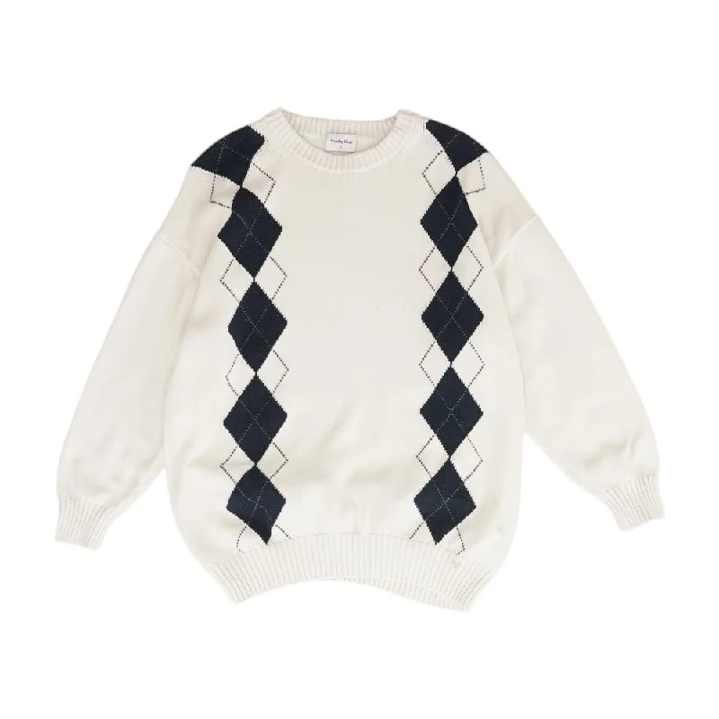 White Argyle Crewneck Sweater Zippered Buttoned Snapped