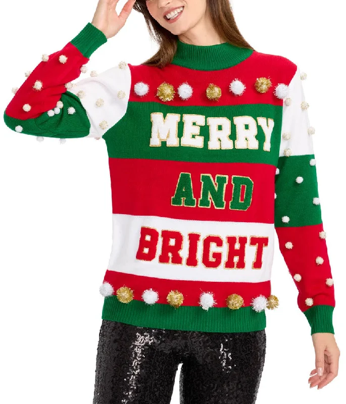 Women's Merry and Bright Turtleneck Christmas Sweater Beaded Sweater Sequined Faux Fur