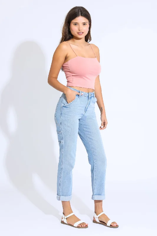 Easy Straight Rolled Hem Carpenter Jeans - Light Indigo Chic Rolled Cuff Denim Jeans Easy Straight Rolled Hem Carpenter Jeans - Light Indigo Chic Rolled Cuff Denim Jeans