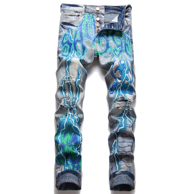 Men's Vintage Blue Denim Lightning Painted Ripped Stretch Jeans Pants Comfortable Faded High-Rise Jeans Men's Vintage Blue Denim Lightning Painted Ripped Stretch Jeans Pants Comfortable Faded High-Rise Jeans