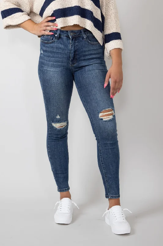 Judy Blue Mid Rise Distressed Knee Skinny Jeans for Women | 88798-DK Trendy Skinny Fit Jeans Judy Blue Mid Rise Distressed Knee Skinny Jeans for Women | 88798-DK Trendy Skinny Fit Jeans