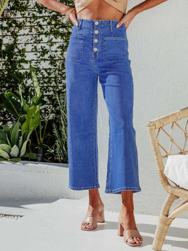 Retro Loose Straight Single-Breasted High-Waist Wide-Leg Jeans Crop Pants Fashionable Frayed Hem Denim Retro Loose Straight Single-Breasted High-Waist Wide-Leg Jeans Crop Pants Fashionable Frayed Hem Denim