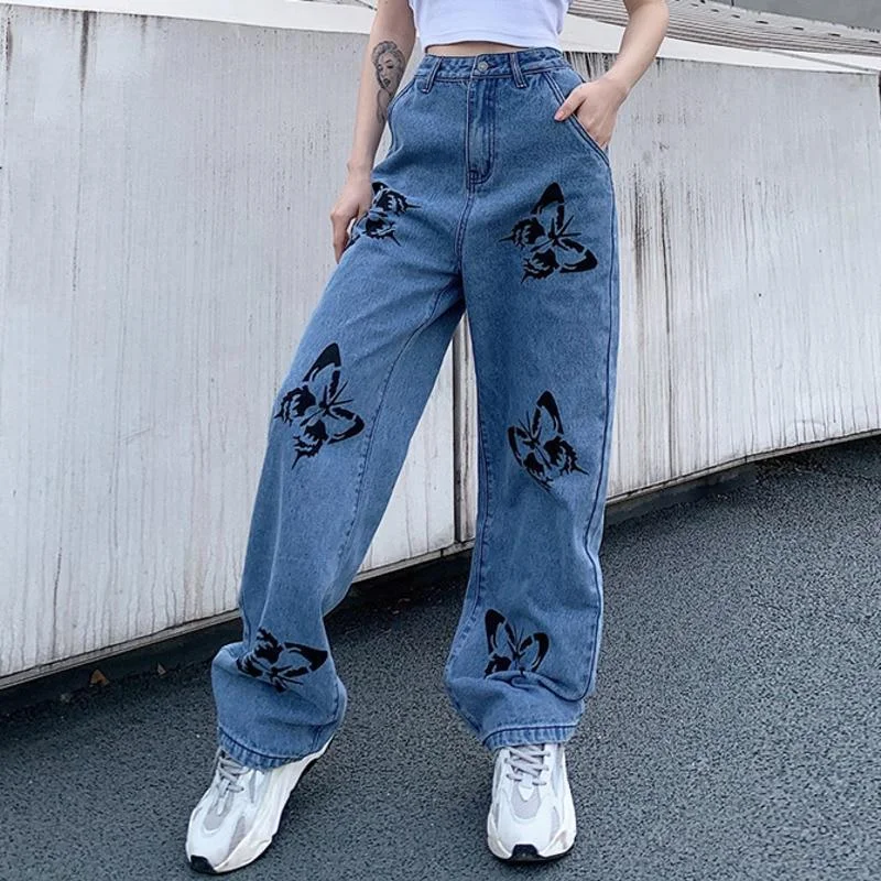 Vintage Jeans Woman Long Trousers Loose Butterfly Print Pants Fashionable Cropped Denim Jeans Vintage Jeans Woman Long Trousers Loose Butterfly Print Pants Fashionable Cropped Denim Jeans