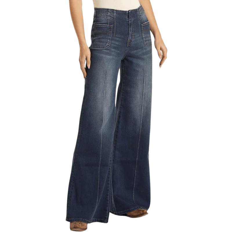 Rock & Roll Cowgirl Women's High Rise Extra Stretch Palazzo Flare Jeans WHF3529 Trendy Layered Pocket Jeans Rock & Roll Cowgirl Women's High Rise Extra Stretch Palazzo Flare Jeans WHF3529 Trendy Layered Pocket Jeans