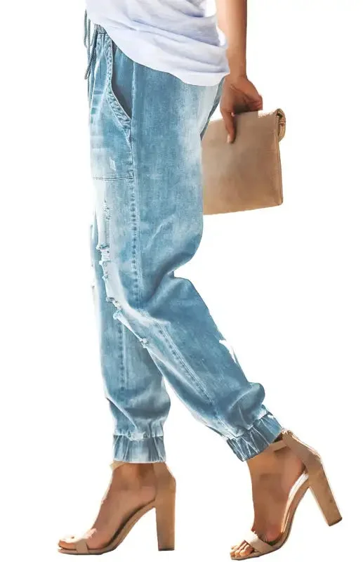 Women's Jeans With Ripped Drawstring Elastic Waist And Washed Fashionable Straight Fit Denim Women's Jeans With Ripped Drawstring Elastic Waist And Washed Fashionable Straight Fit Denim