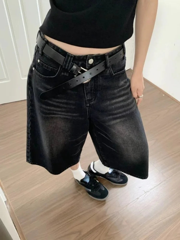 Retro Women Brushed Black Wash Cropped Baggy Jeans Trendy Vintage Denim Jeans