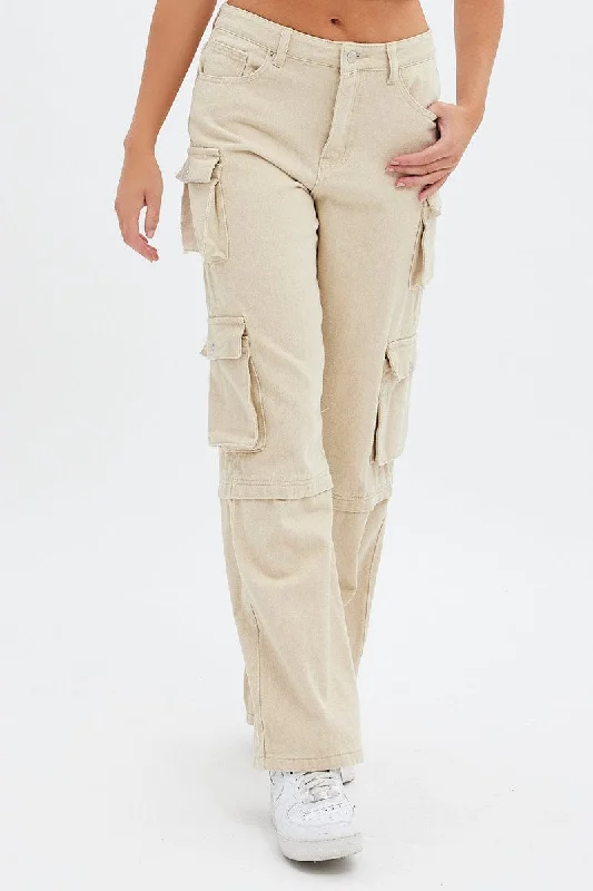 Beige Cargo Denim Jeans High rise Elegant Dark-Wash Bootcut Jeans