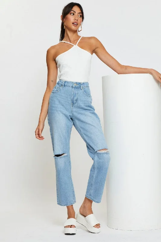 Blue Boyfriend Denim Jeans High Rise Elegant Tapered Leg Denim