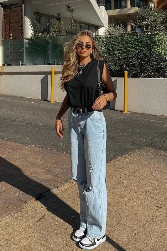 Blue Straight Denim Jeans High Rise Fashionable Cropped Denim Jeans