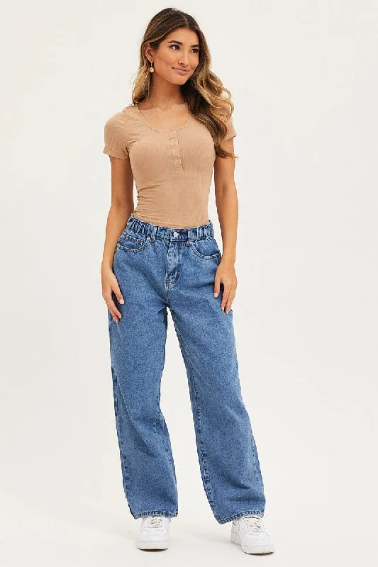 Blue Wide Leg Denim Jeans High Rise Trendy Plus Size Jeans