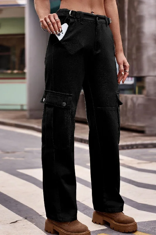 Buttoned Loose Fit Jeans with Pockets Elegant Wide-Leg Jeans