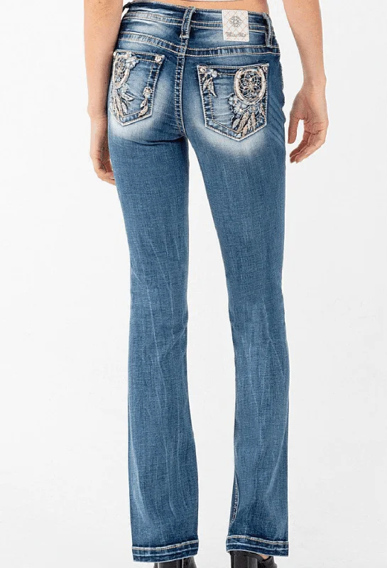 Miss Me Women's Dream Catcher Mid-Rise Bootcut Jeans M3860B Trendy Classic Fit Jeans