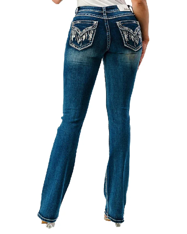 Women's Feather Faux Flap Embellishment Mid Rise Bootcut Jeans Comfortable Distressed Straight-Leg Jeans