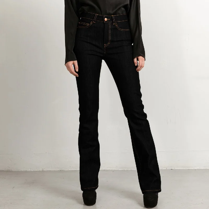 Flared Black Jeans With Tobacco Stitch Long Cozy Stretch High-Waist Jeans