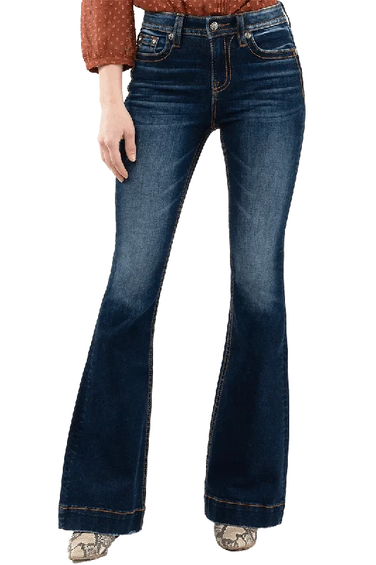 Miss Me Womens Dark Wash High Rise Flare Jeans Fashionable Frayed Hem Denim