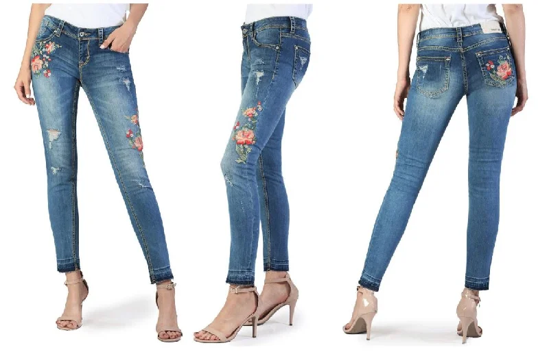 Grace In La Distressed Floral Detail Skinny Jeans - Christmas Clearance Comfortable Dark Wash Jeans