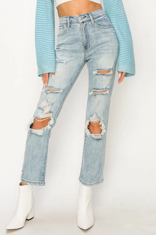 HIGH RISE DISTRESSED STRAIGHT JEANS Trendy Wide-Legged High-Waist Jeans