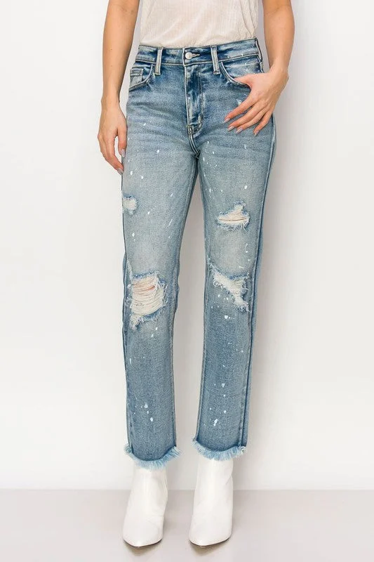 HIGH RISE DISTRESSED STRAIGHT WITH FRAY HEM JEANS Trendy Paperbag Waist Jeans