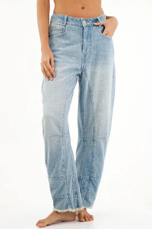 Women's Blue Frayed Jeans Elegant Raw Hem Jeans