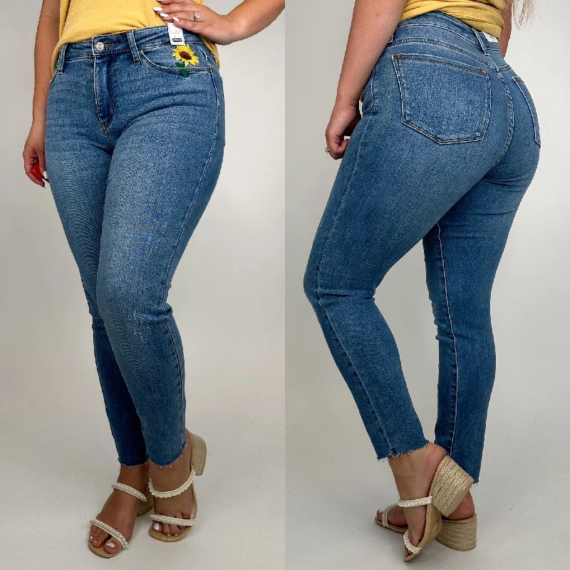 Judy Blue Mona Distressed High Rise Medium Wash Sunflower Patch Slim Fit Jeans Trendy Acid Wash Skinny Jeans