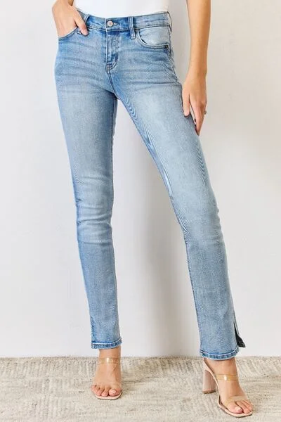 Kancan Full Size Mid Rise Y2K Slit Bootcut Jeans Stylish Shredded Denim Jeans