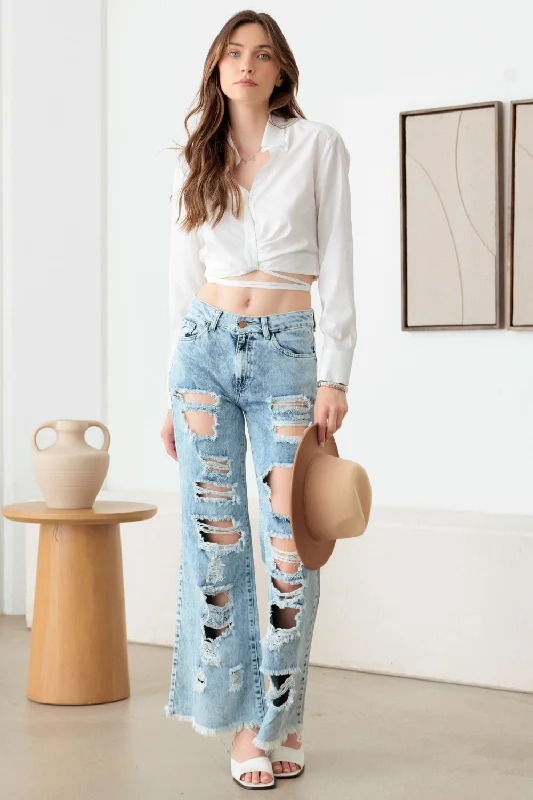 Litz La Distressed Frayed Hem Flare Jeans Trendy Low-Rise Bootcut Jeans