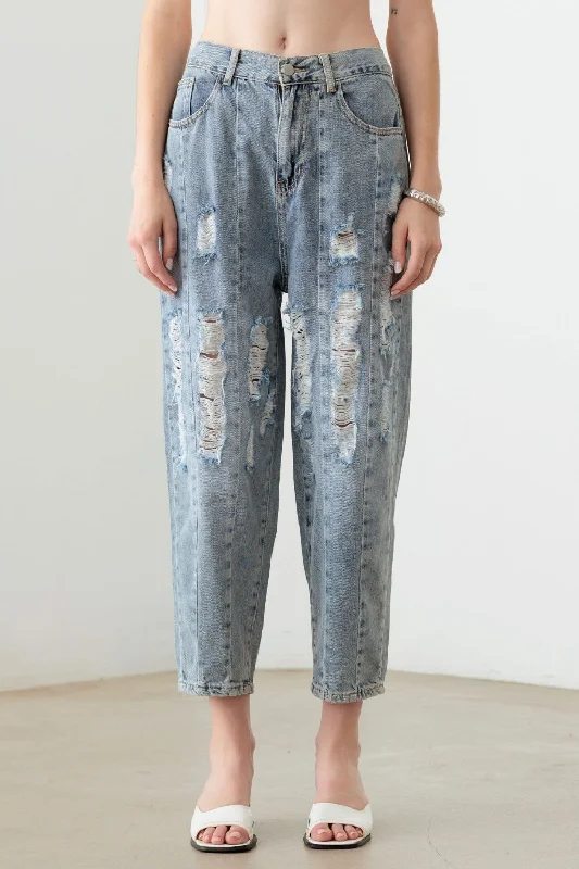 Litz La Washed Barrel Leg High Waist Distressed Jeans Chic Rolled Cuff Denim Jeans