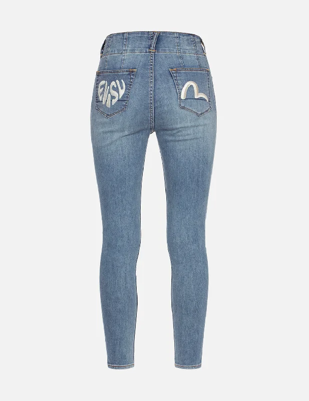 Logo and Seagull Embroidery Skinny Jeans Trendy Wide-Leg High-Waist Denim