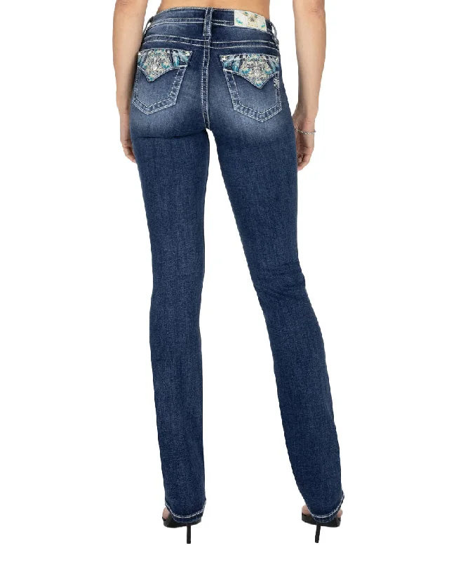 Women's Turquoise Peacock Bootcut Jeans Trendy Skinny High-Waist Jeans