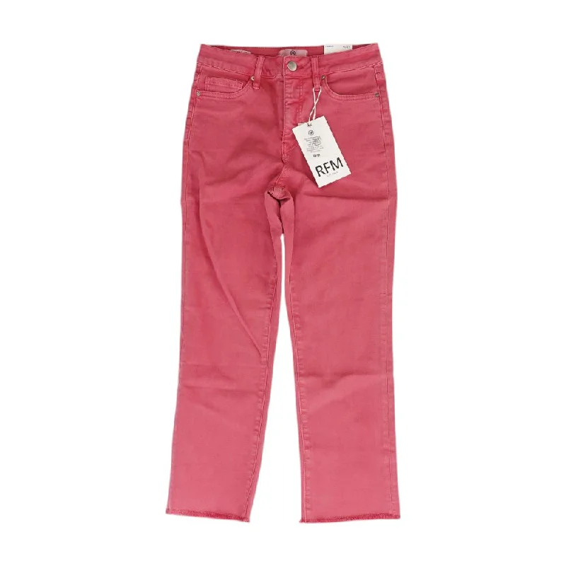 Pink Solid High Rise Straight Leg Jeans Trendy Pleated Waist Jeans