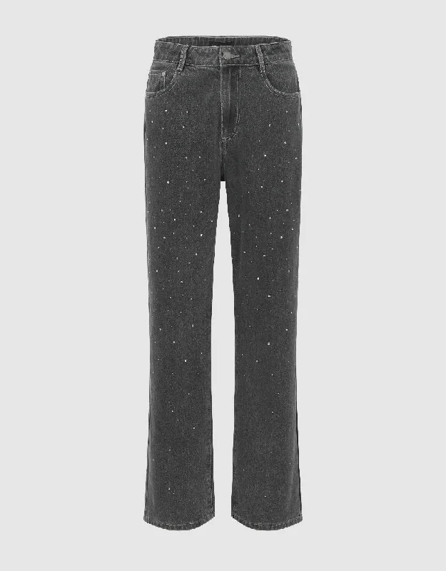 Rhinestone Décor Straight Jeans Fashionable Mom Jeans