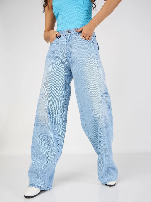 Women Ice Blue Wide Leg Jeans Chic Ripped Jeans